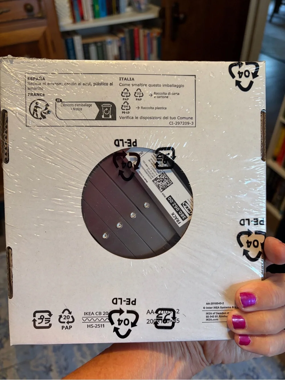 IKEA round mirror in white and silver packaging